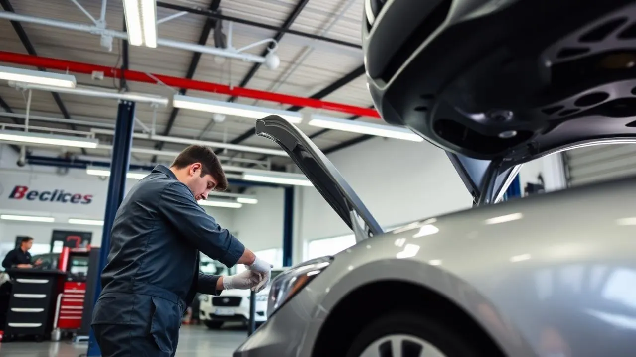 Professional auto mechanic working on a car in a clean modern repair shop