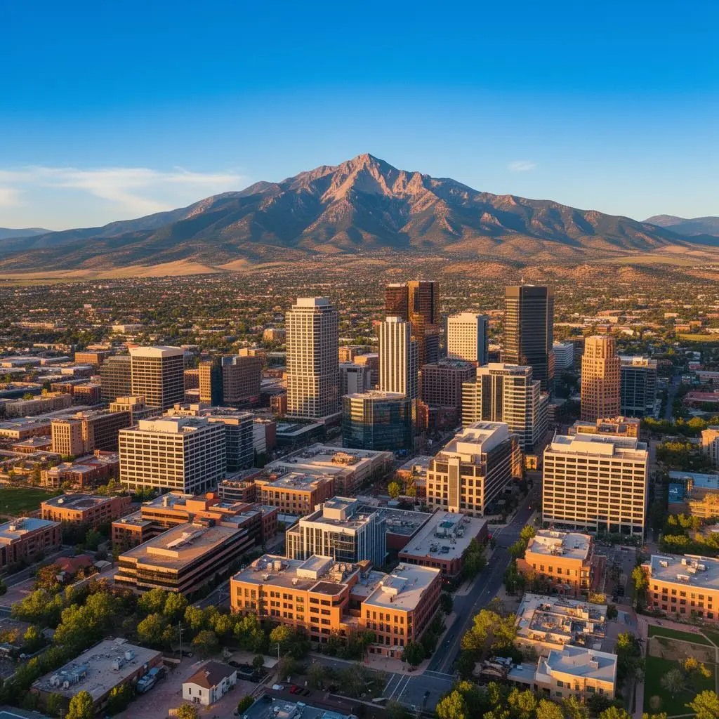 Colorado Springs cityscape with Pikes Peak in the background