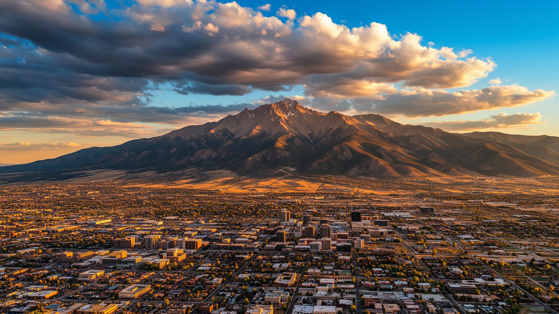 Pikes Peak and Colorado Springs skyline at sunset