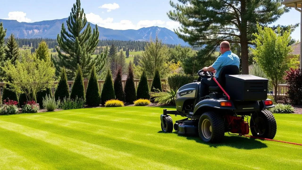 Professional landscaper maintaining a beautiful lawn with Colorado mountain views