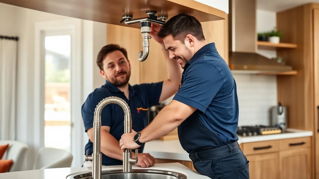 Professional plumbers working on kitchen plumbing installation