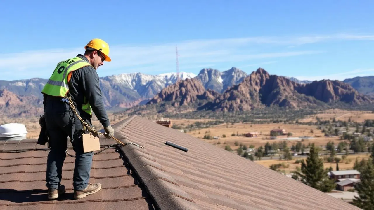 Roofing contractor working on a roof with Colorado mountains in background